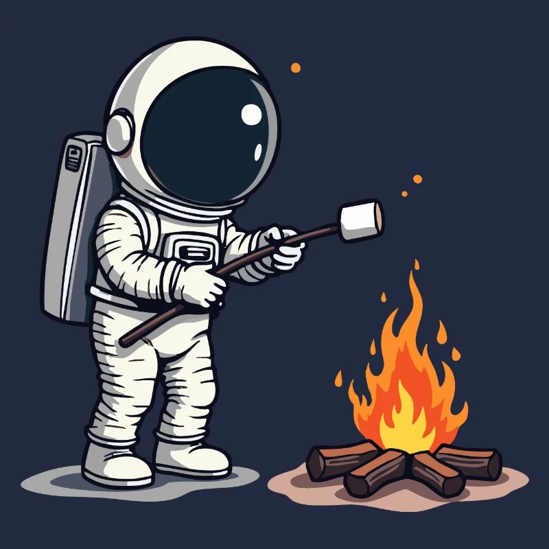Astronaut röstet Marshmallow am Lagerfeuer