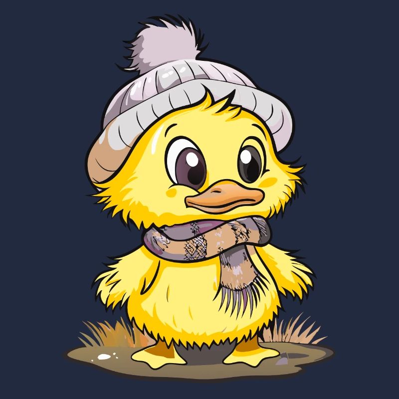 Canard mignon avec écharpe et chapeau à pompon.