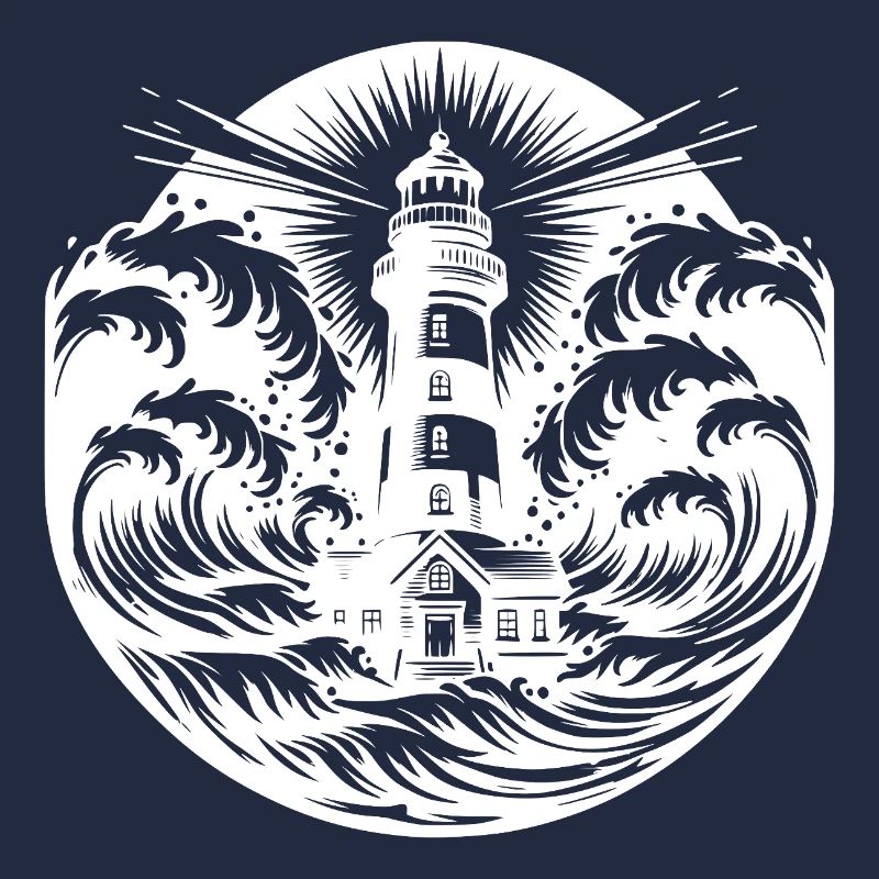 Phare côtier rayé dans une mer agitée