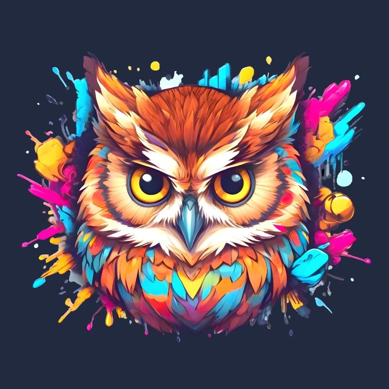 Farbenfrohe Eule aus einem Farbklecks, Comic-Art