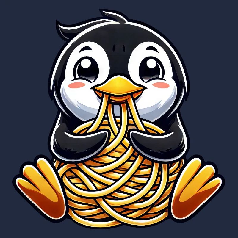 Clumsy penguin eats spaghetti