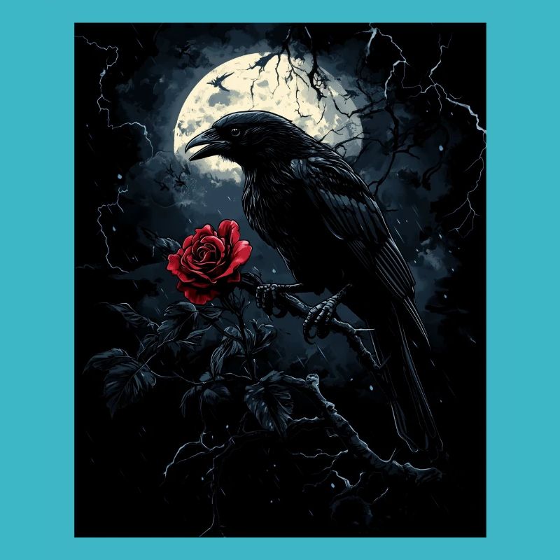 Rabe Rose Mond Düster Gothic Schwarze Krähe