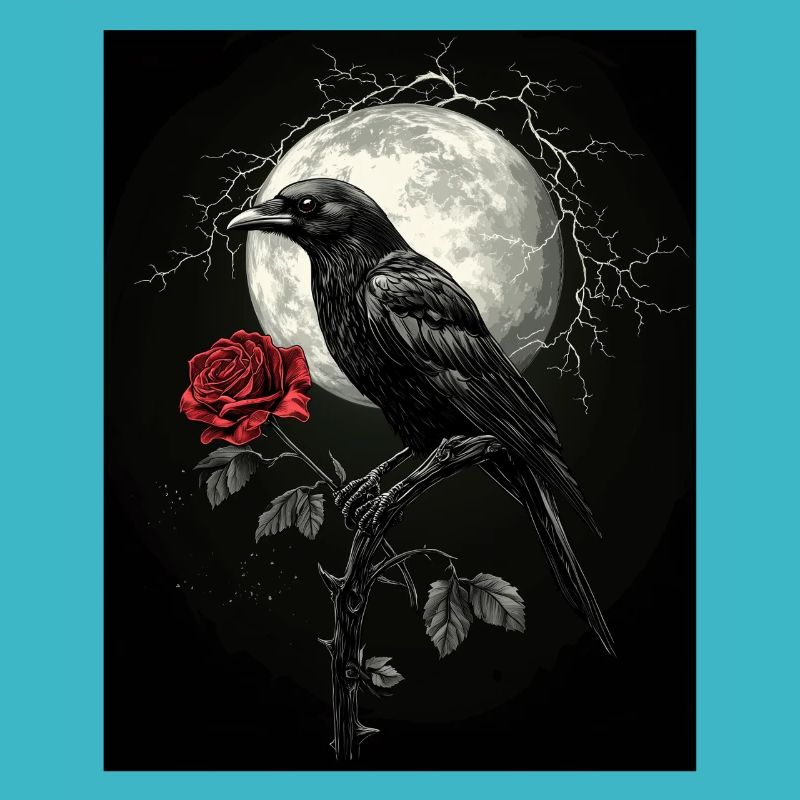 Rabe Rose Mond Düster Gothic Schwarze Krähe