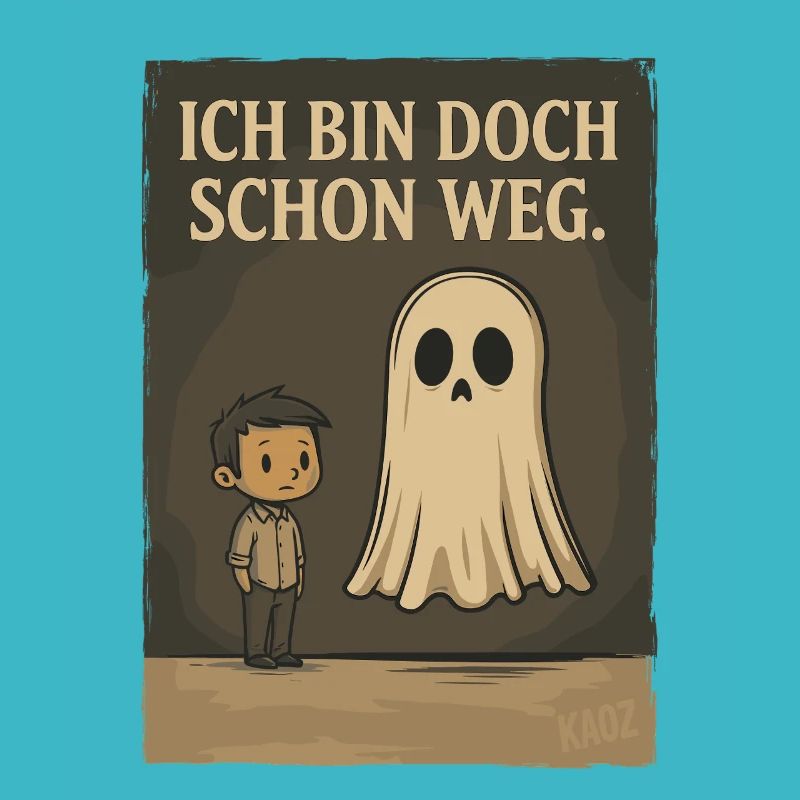 Junge mit Geist und Text „Ich bin doch schon weg“