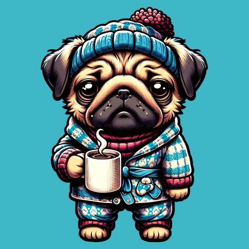 Mops in Pyjama und Schal mit einer Kaffeetasse