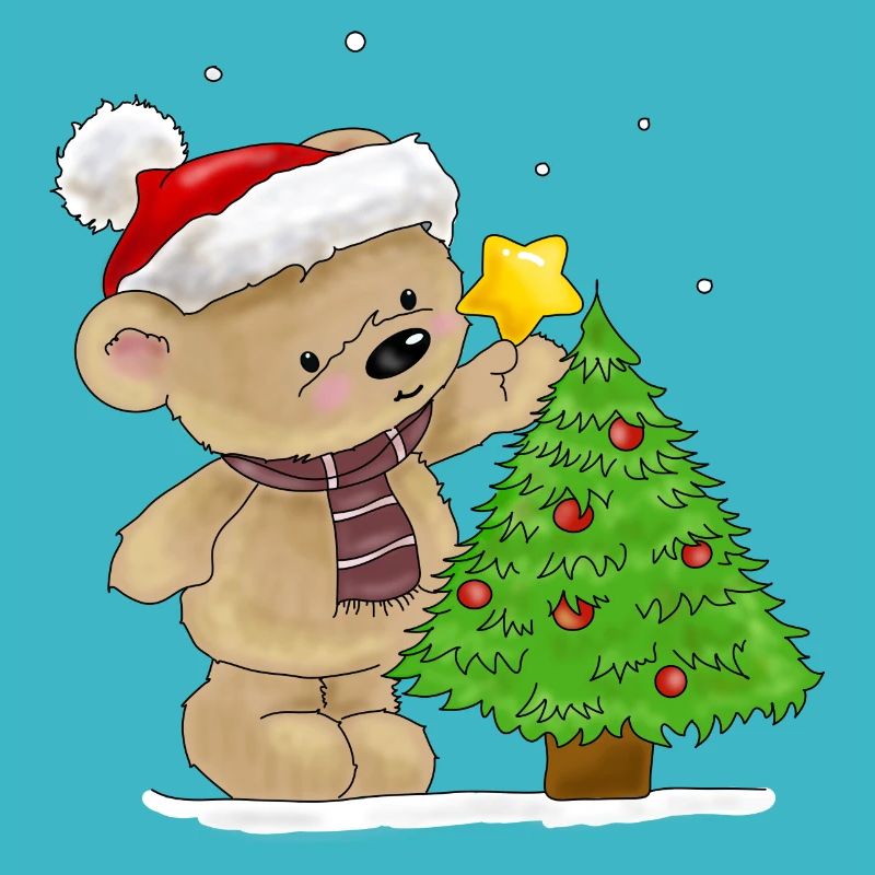 Bärchen schmückt Weihnachtsbaum
