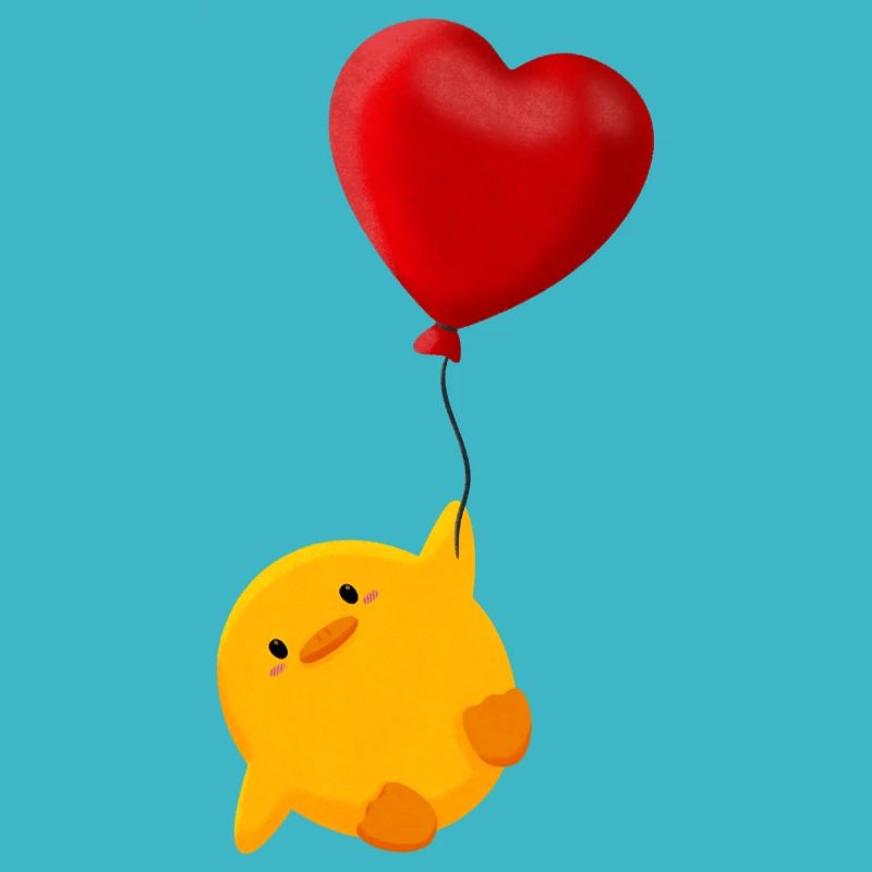 Cute chick floats on heart balloon