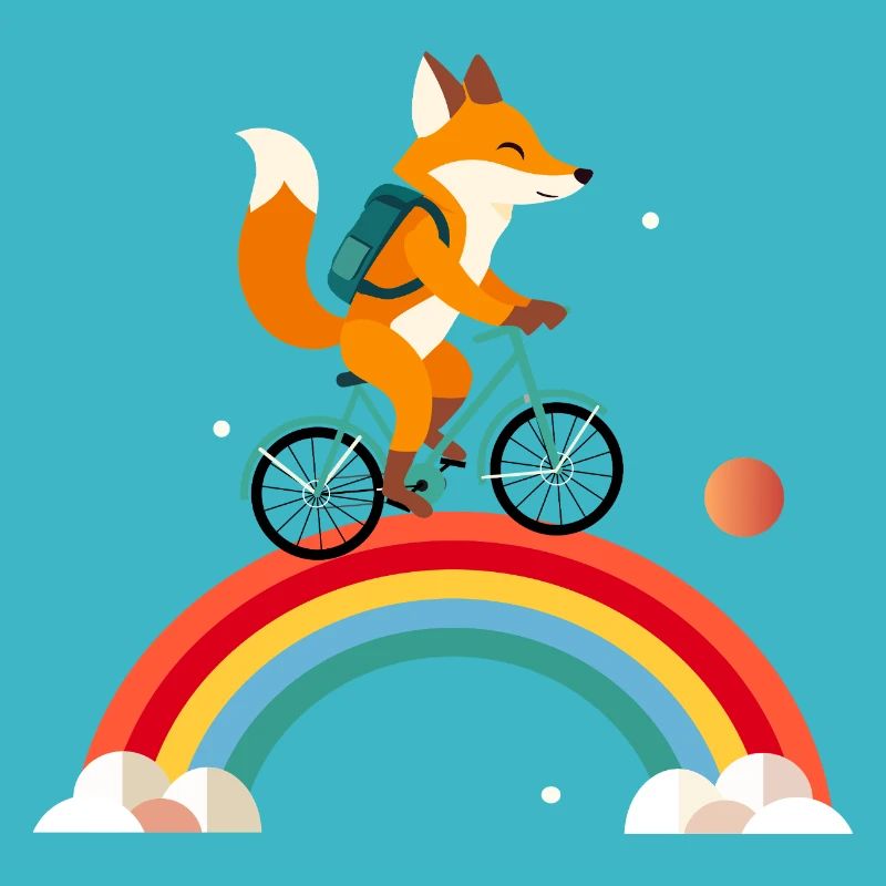 Cheerful fox on bicycle over rainbow