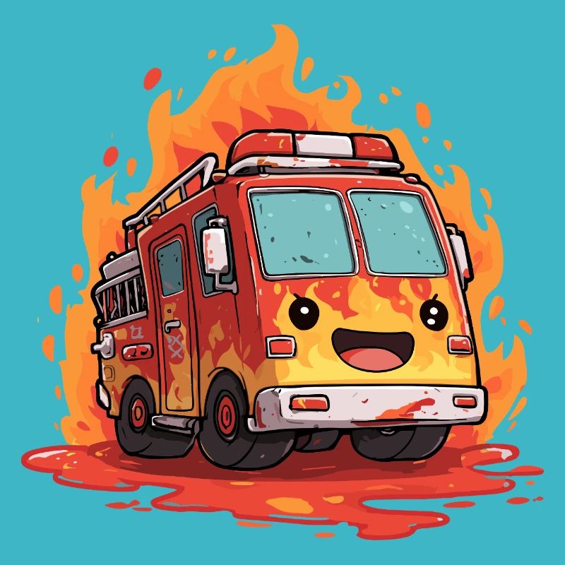 Flammes du camion de pompiers de Kawaii