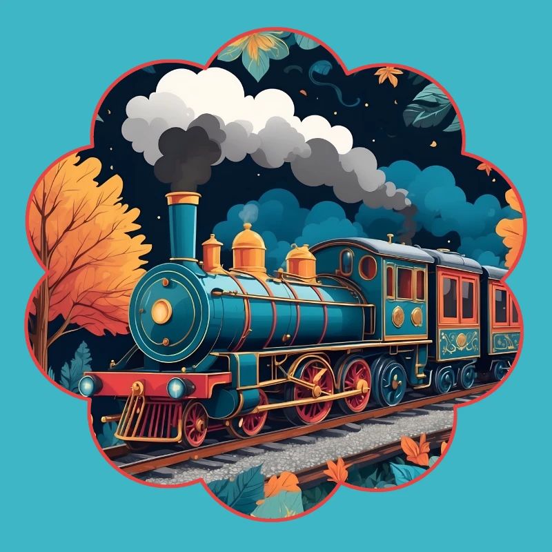 Bunte Eisenbahn mit rauchender Dampflokomotive