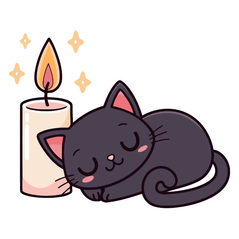 Sleeping black cat and bright candle