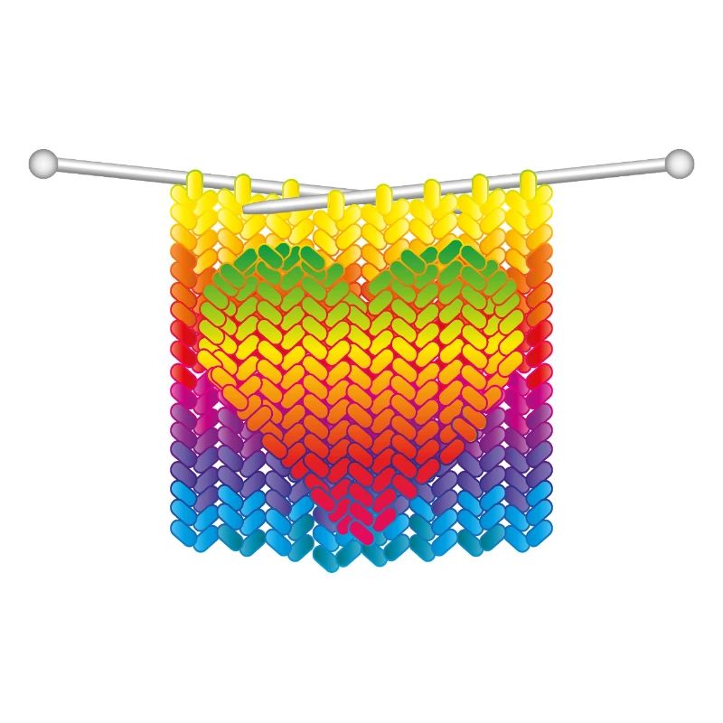 Strickmaschen in Regenbogenfarben mit Herzmotiv
