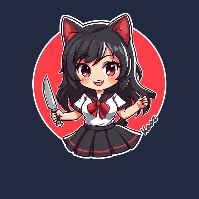 Chibi Cartoon Schulmädchen mit Küchenmesser