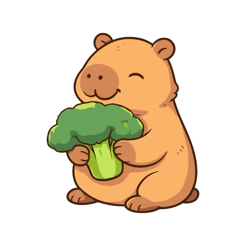 Capybara with broccoli – relaxed & cute
