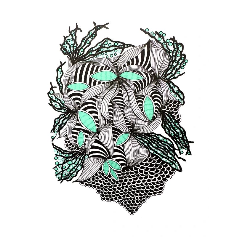 Line Flowers Pattern Mint Accent