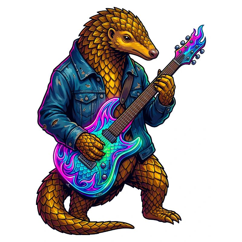 Schuppentier mit Jacke und Neon E-Gitarre
