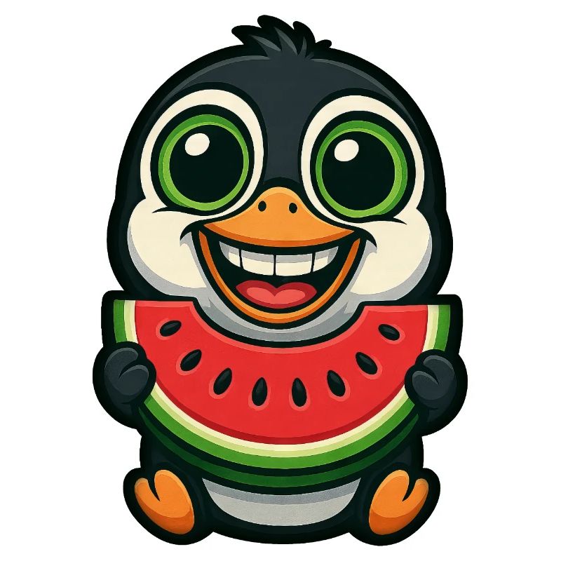 pingouin drôle avec un dessin animé d’été de pastèque