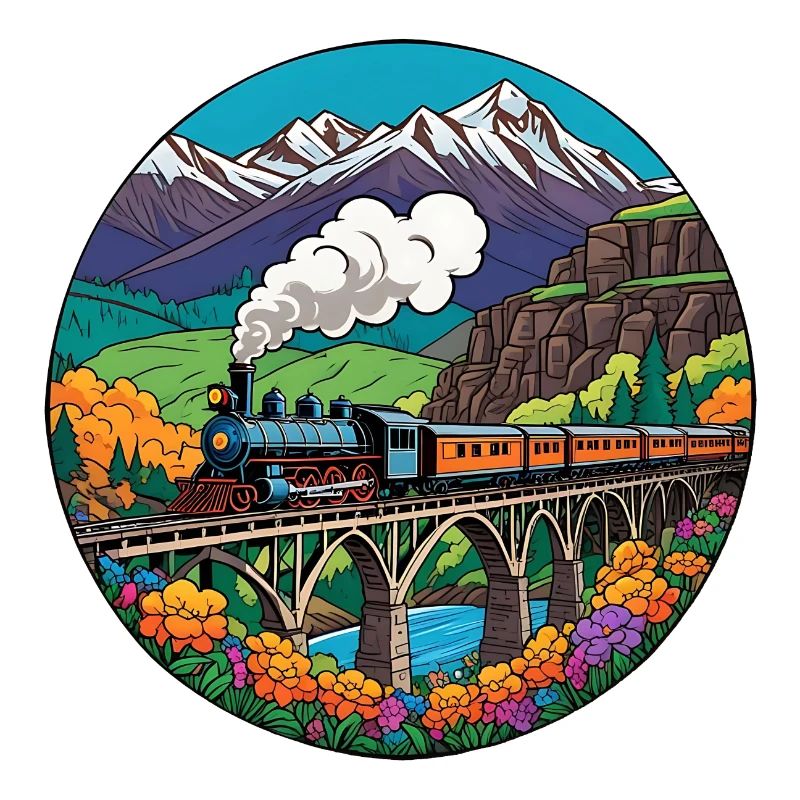 Bunter nostalgischer Eisenbahnzug mit Dampflok
