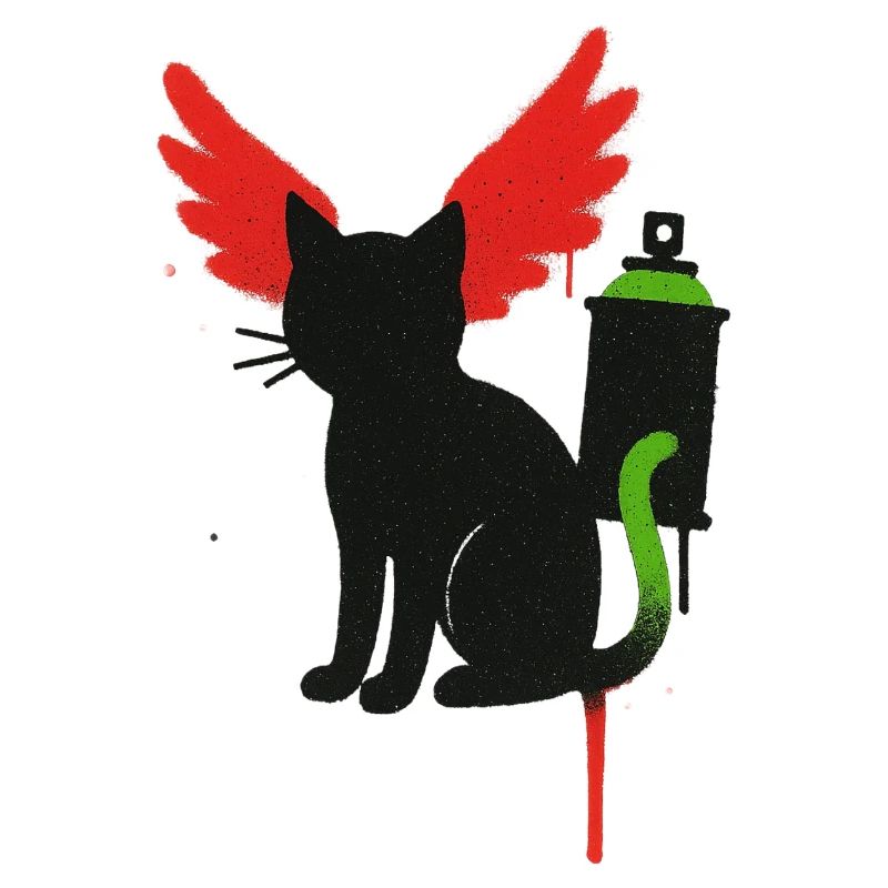 Black Cat with Flame Wings and Spray Can