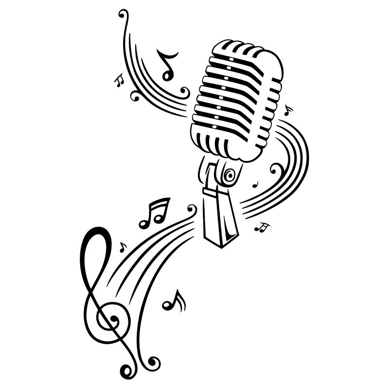 Retro microphone with music notes and clef.