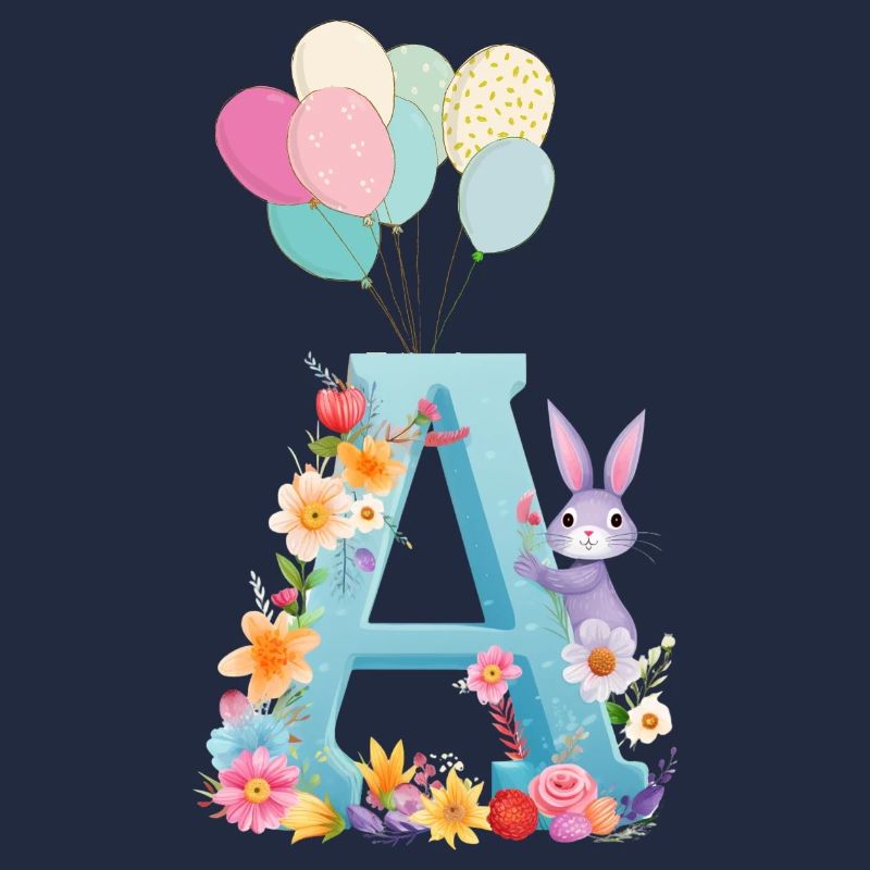 Lettre A, Monogramme, Fleurs, Lapin