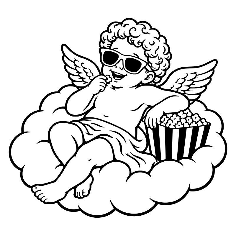 Un chérubin frissonne avec du pop-corn sur un nuage