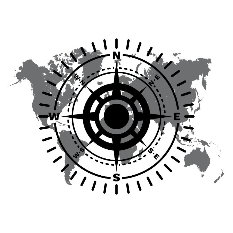 World map with cardinal direction black and white