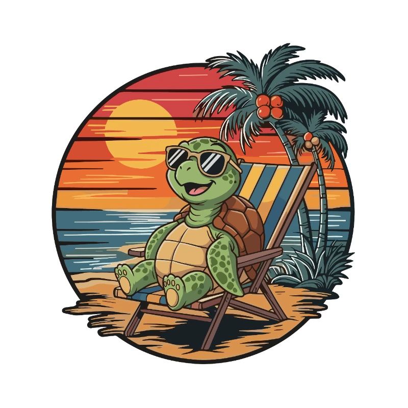 Funny Turtle on Beach Summer Vacation Sunset