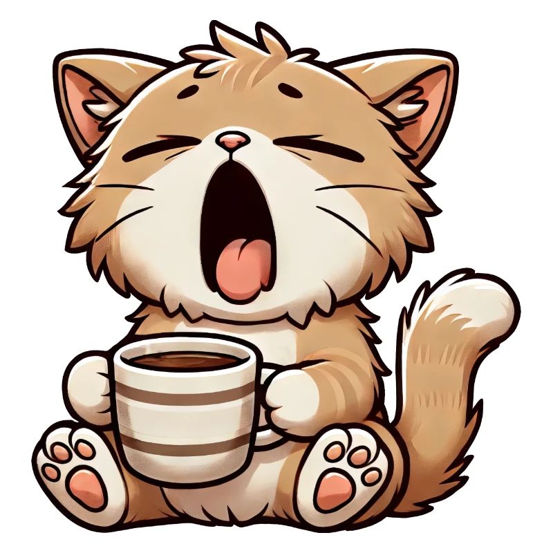 Müde Katze gähnt mit Kaffee Morgenmuffel
