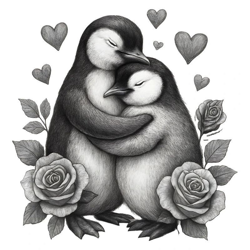 Hugging penguins with roses