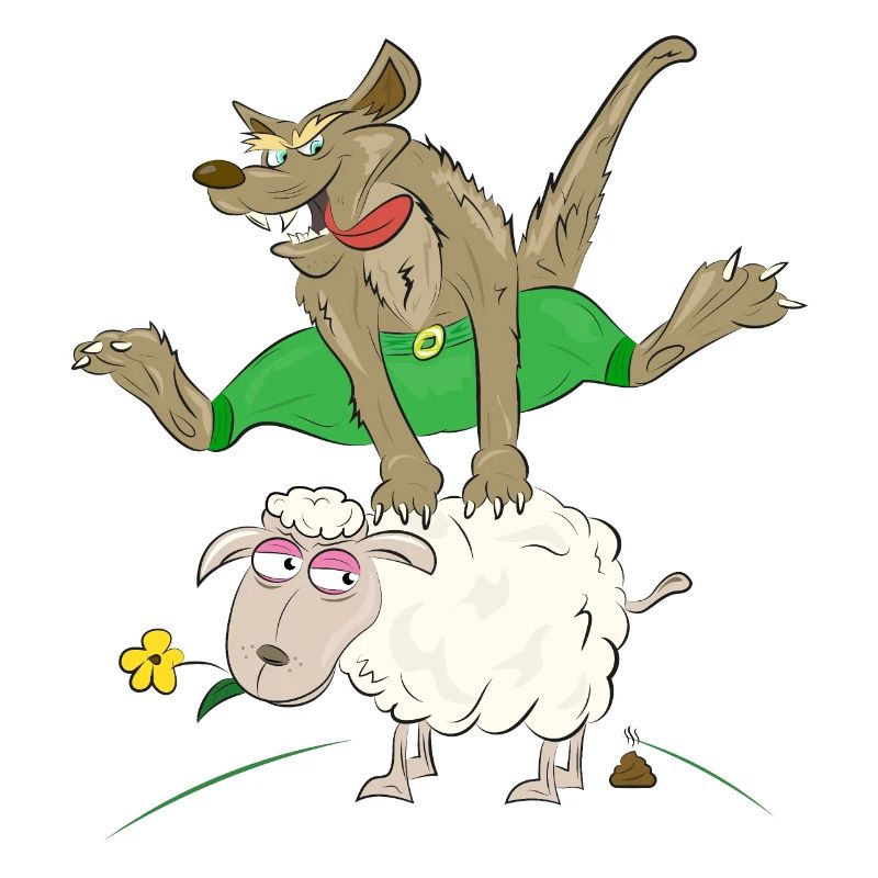 Wolf springt über das Schaf - Wolf mit Schaf