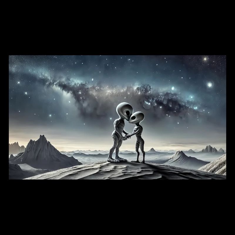 Alien gris sur la surface de la lune – Couple qui s’embrasse