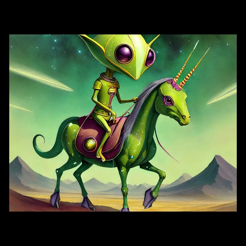 mignon petit extraterrestre vintage vert chevauchant un cheval