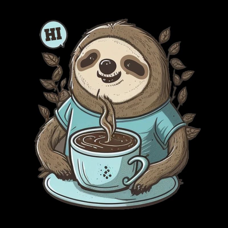 friendly sloth with fragrant coffee says HI