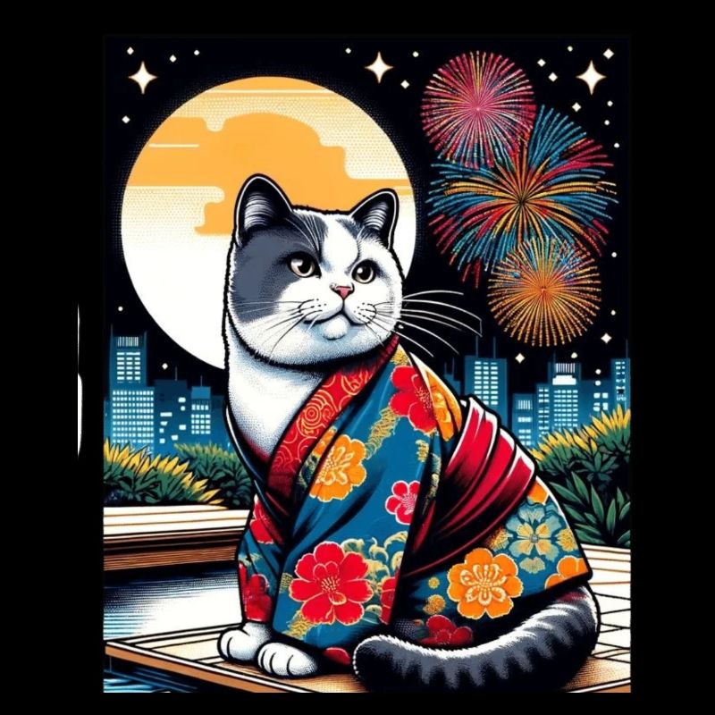 Moon Fireworks Floral Japanese Kitten Retro