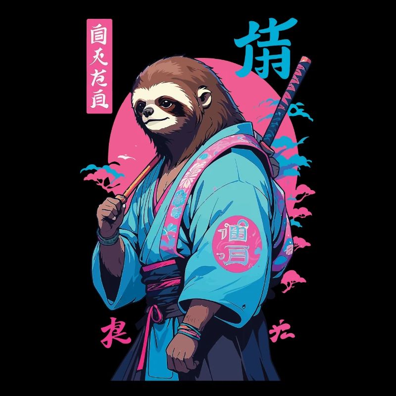 Samurai Sloth Aesthetic Vaporwave Style