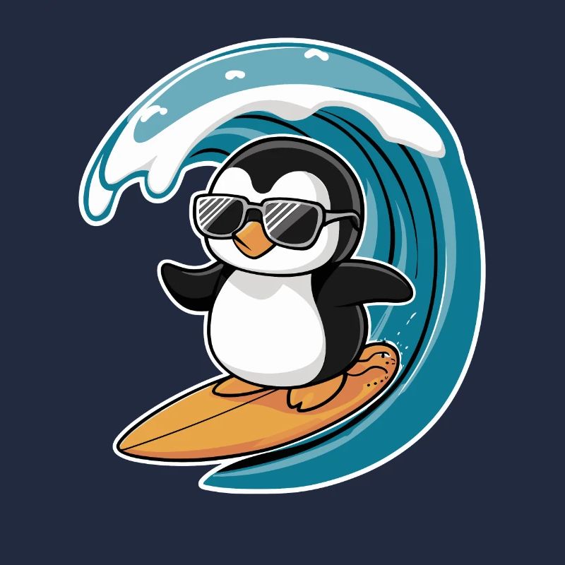 Cool penguin on surfboard under wave