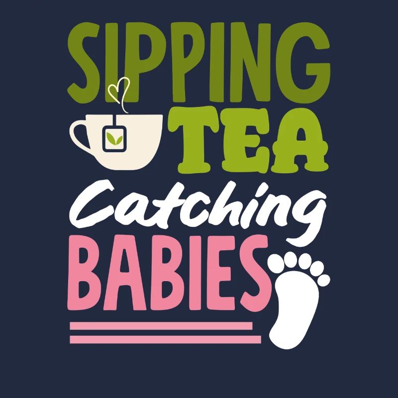 Hebamme Sipping Tea Catching Babies