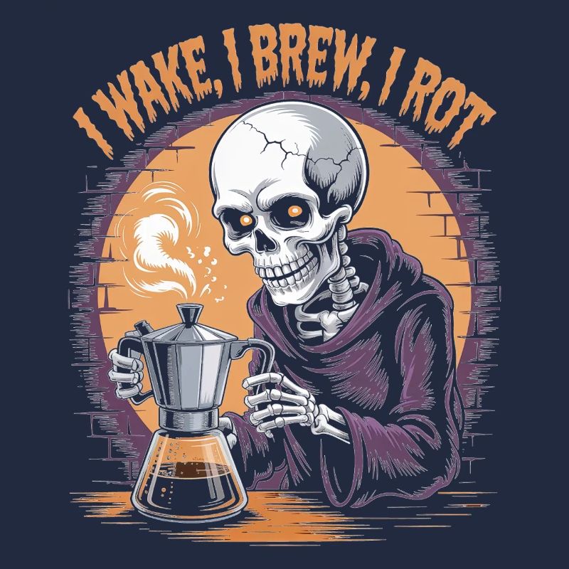 Wake, Brew, Rot Skeleton Coffee Halloween Design