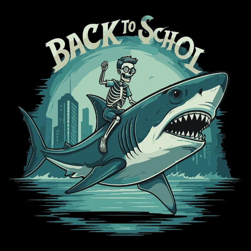 Squelette de garçon chevauchant un requin Retour à l’école