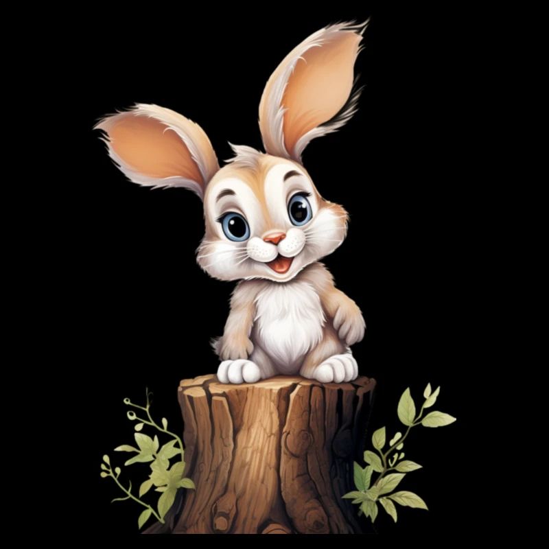 Cute bunny sitting on a tree trunk and smiling