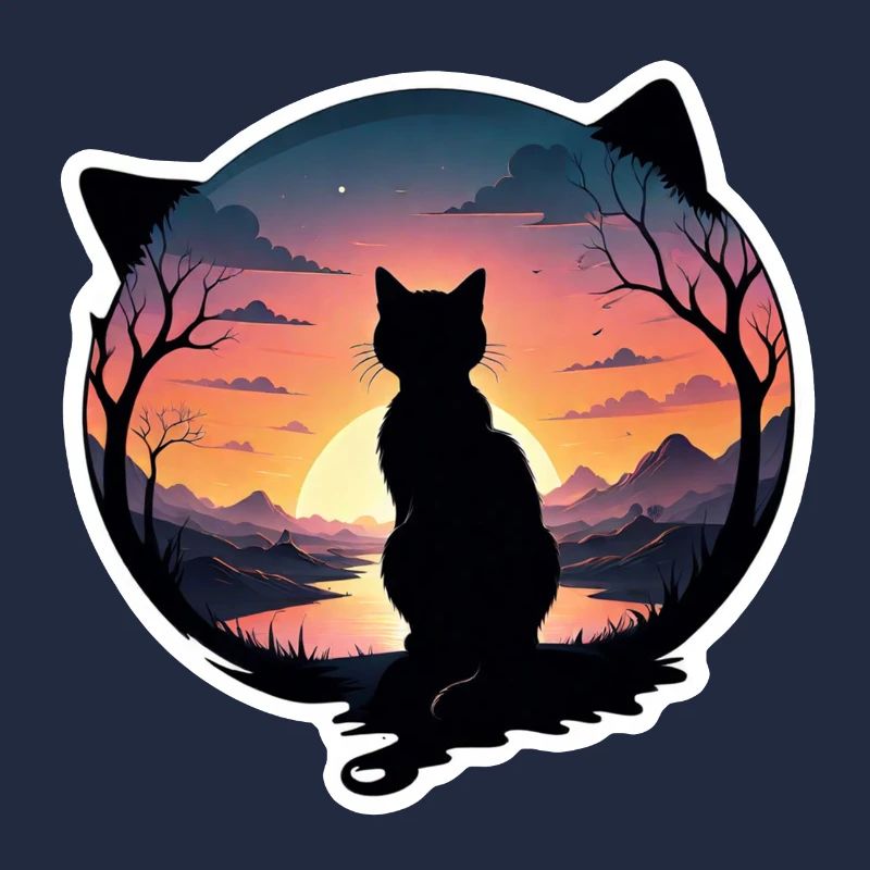 chat paysage et coucher de soleil