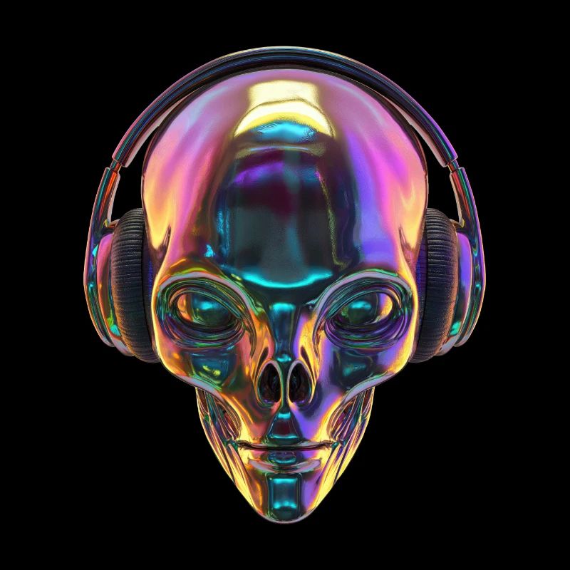Chromatischer Alien-Kopf mit Kopfhörern