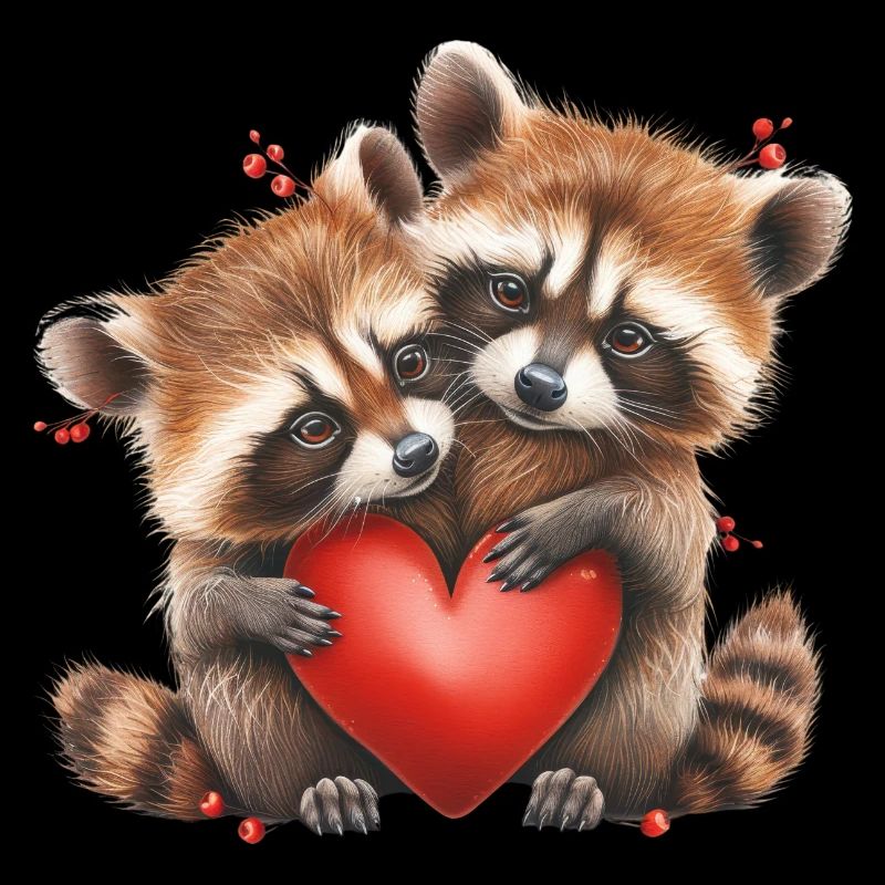 Deux ratons laveurs tenant un cœur pour la Saint-Valentin