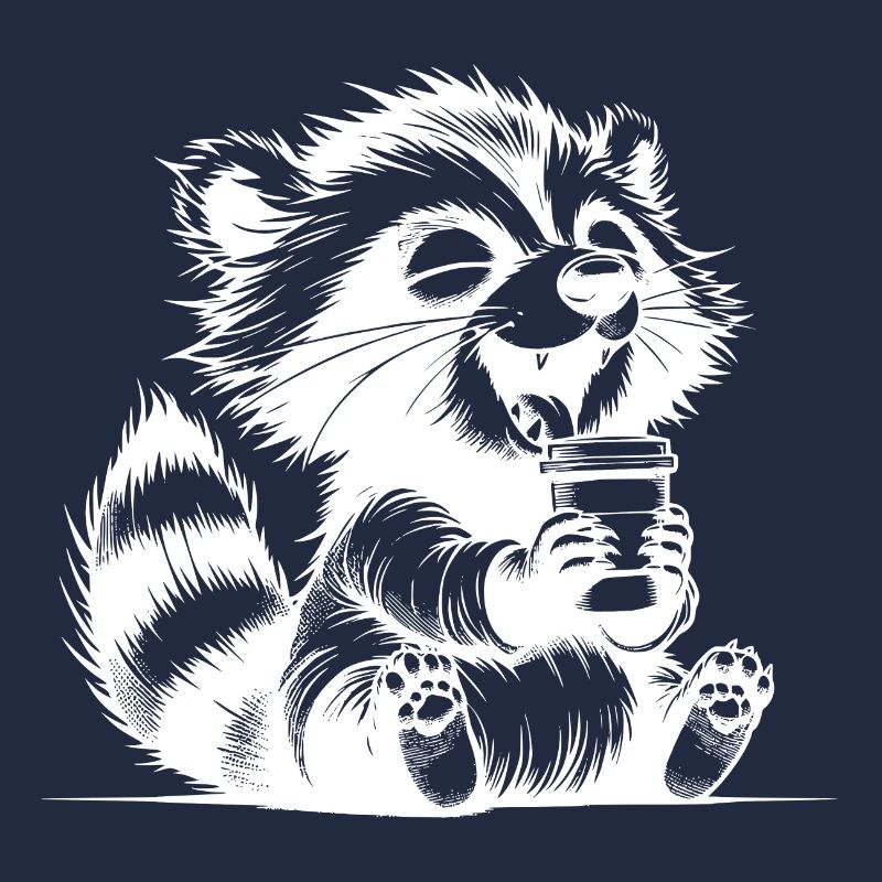 Glücklicher Waschbär mit voller Kaffeetasse
