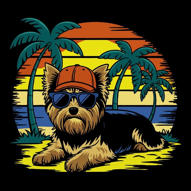 Cool Yorkie Yorkshire Terrier Under Palm Trees