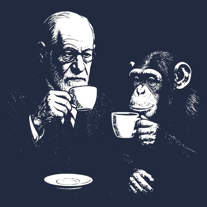 Sigmund Freud drinking coffee with monkey