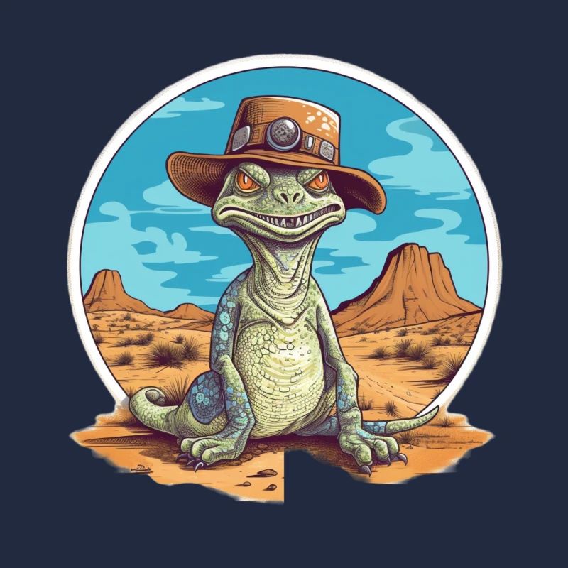 Creative dinosaur with hat in desert