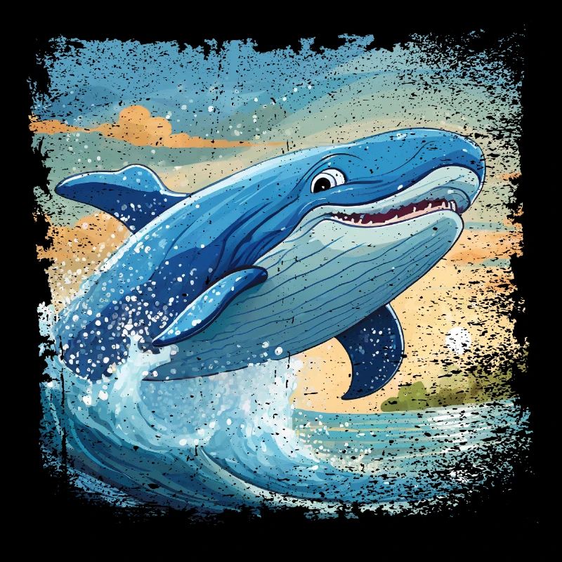 Le rorqual bleu saute hors de l’eau et sourit