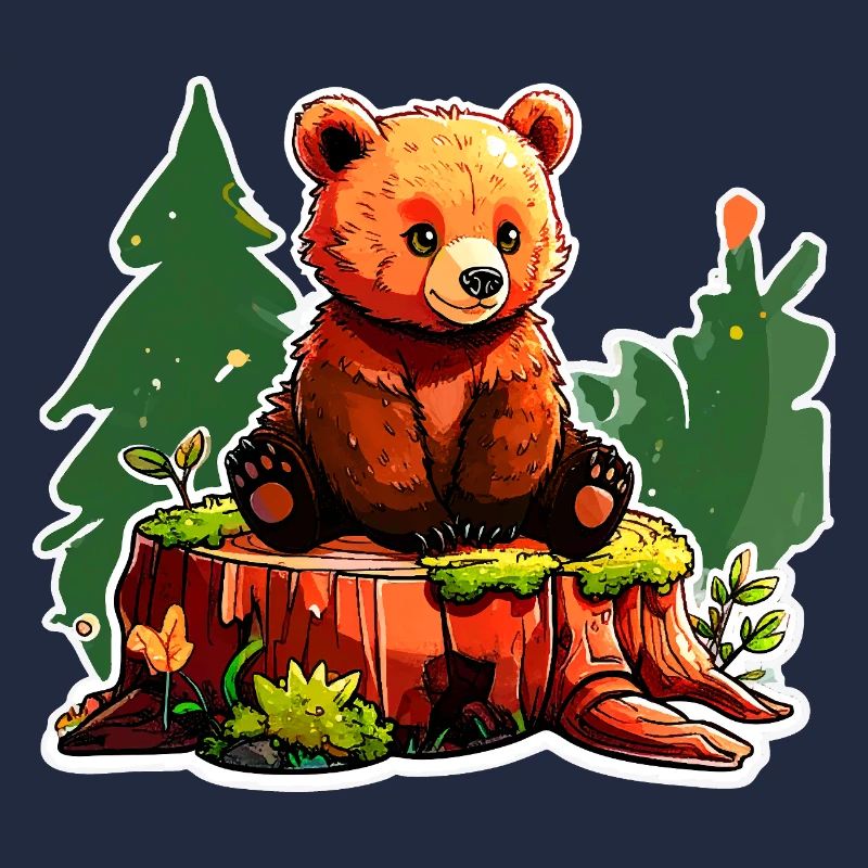 A little bear perched on a tree stump